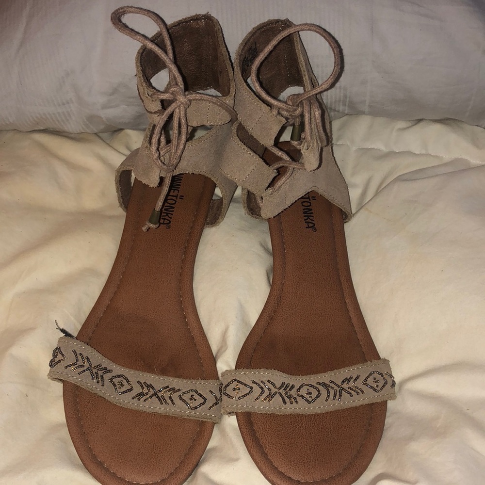 Minnetonka Lace Up Beaded Leather Sandals